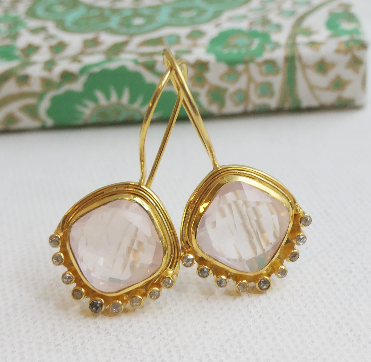 Cushion Cut Rose Quartz and Diamond Vermeil Earrings