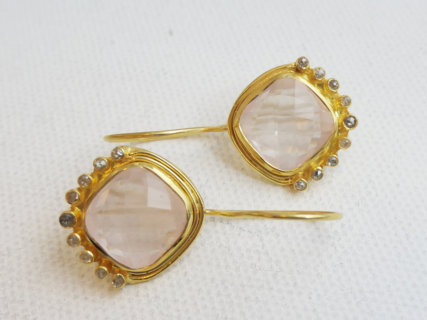 Cushion Cut Rose Quartz and Diamond Vermeil Earrings