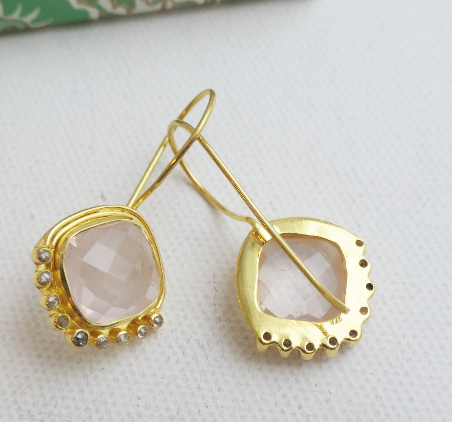 Cushion Cut Rose Quartz and Diamond Vermeil Earrings