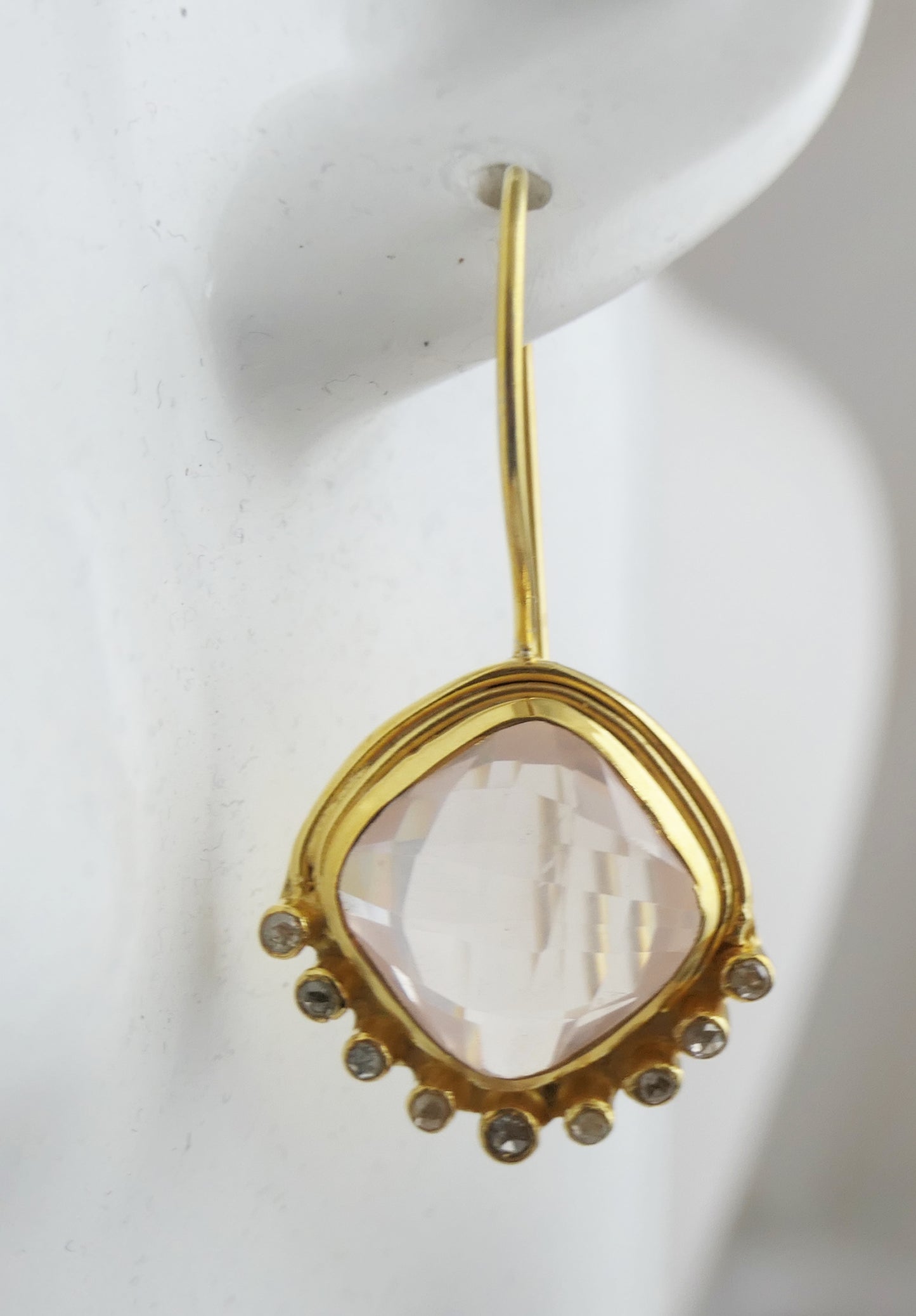 Cushion Cut Rose Quartz and Diamond Vermeil Earrings