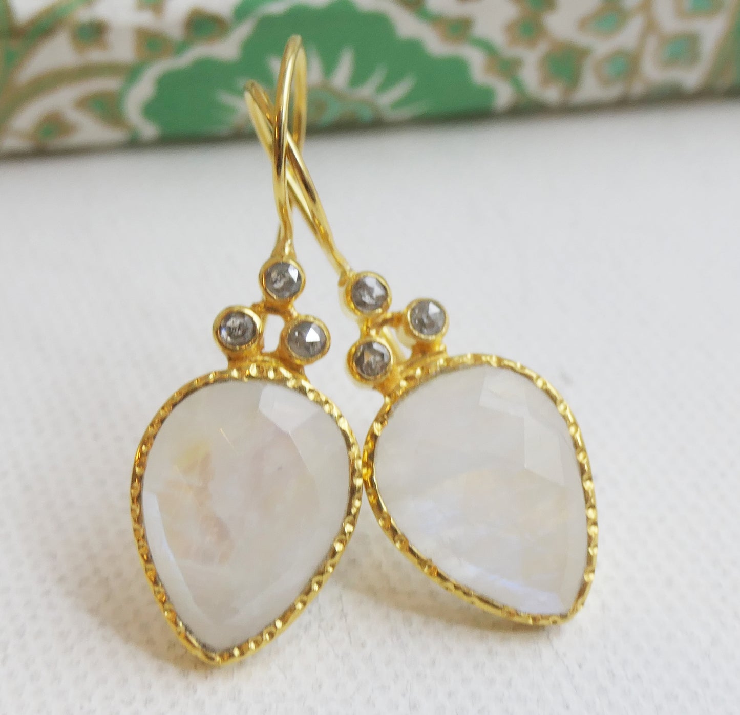 Pear Shape Moonstone and Diamond Vermeil Earrings