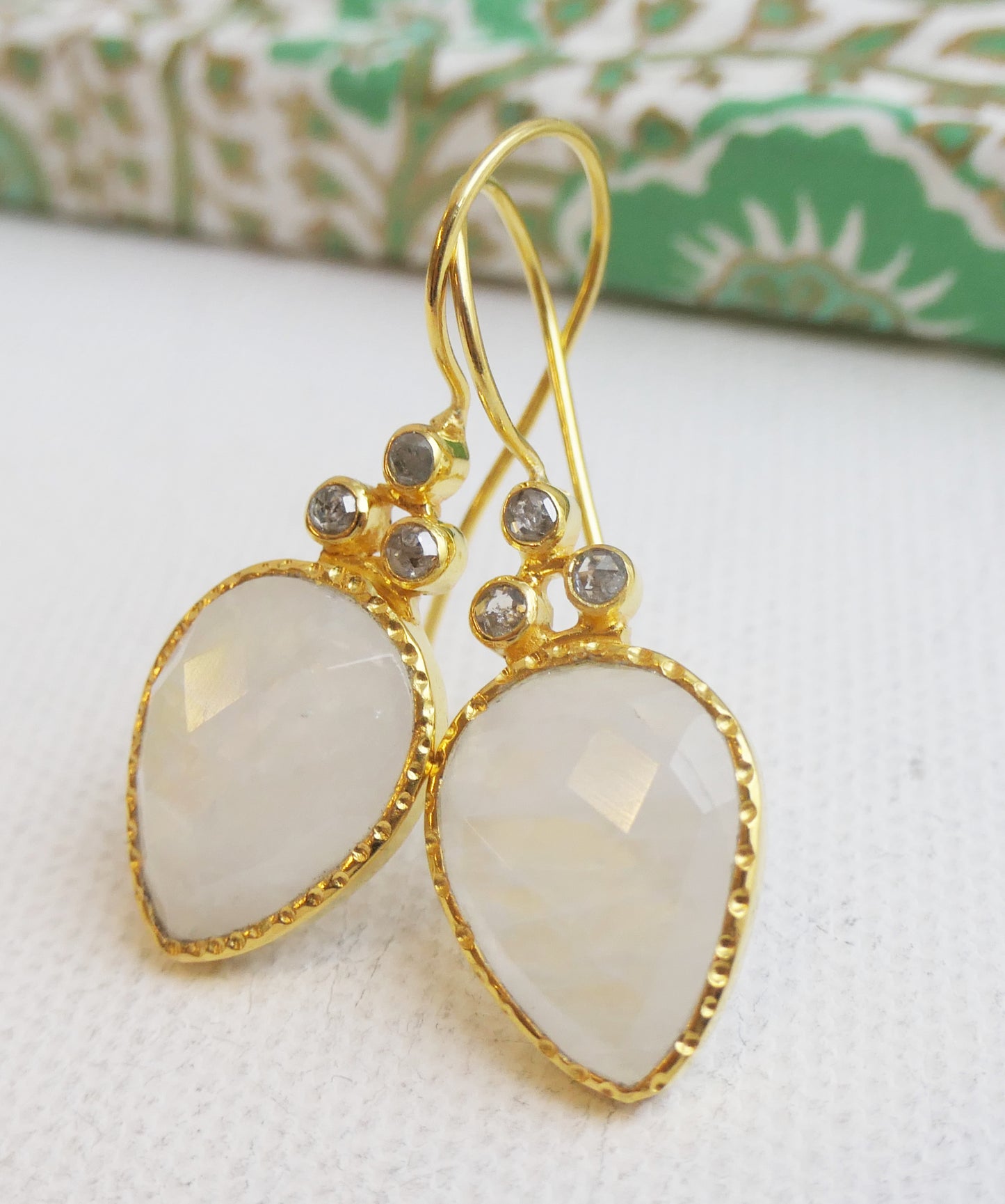 Pear Shape Moonstone and Diamond Vermeil Earrings