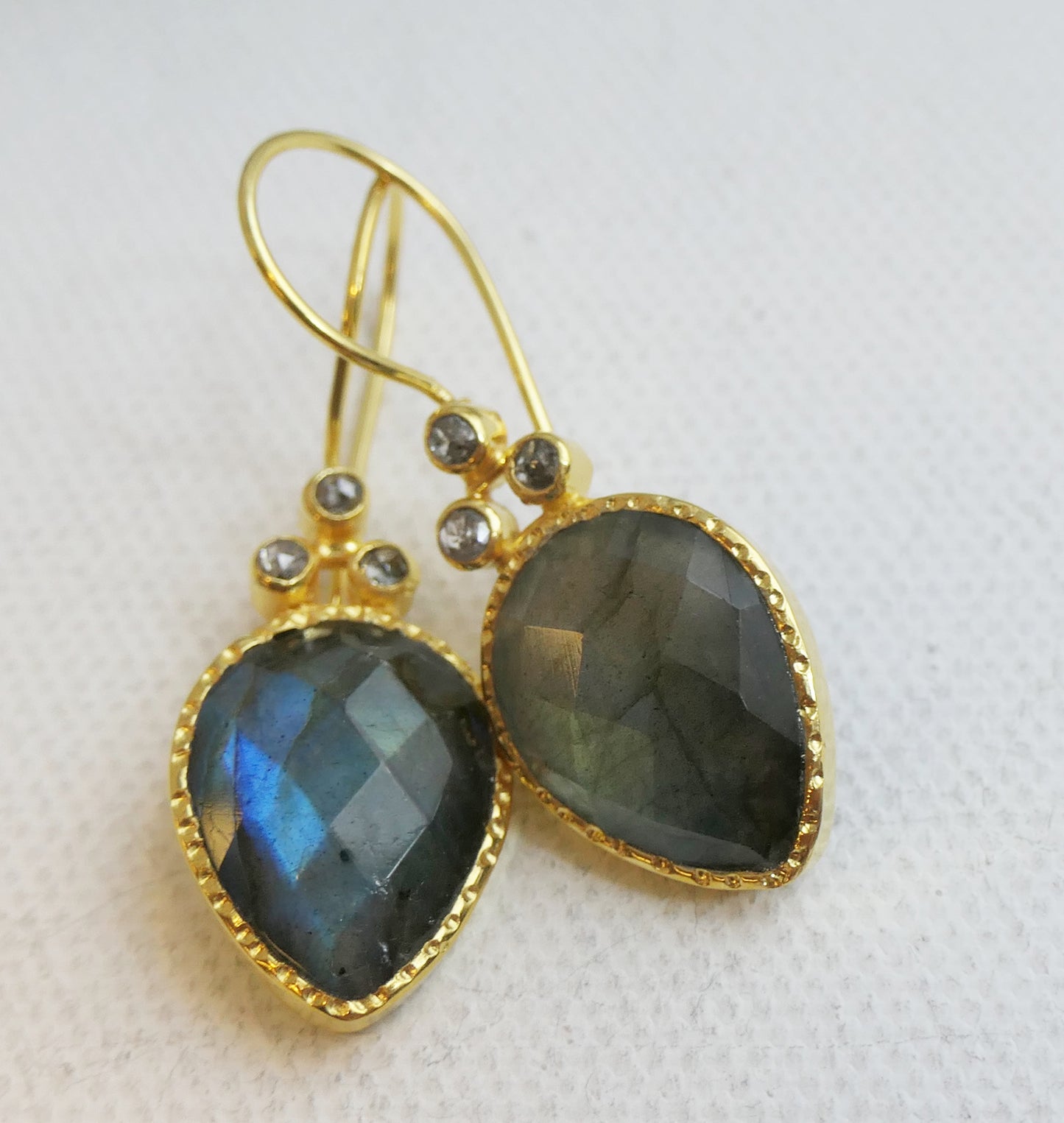 Pear Shape Labradorite and Diamond Vermeil Earrings