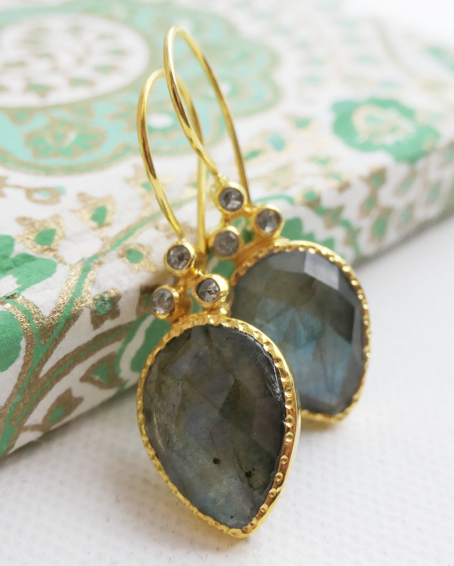 Pear Shape Labradorite and Diamond Vermeil Earrings