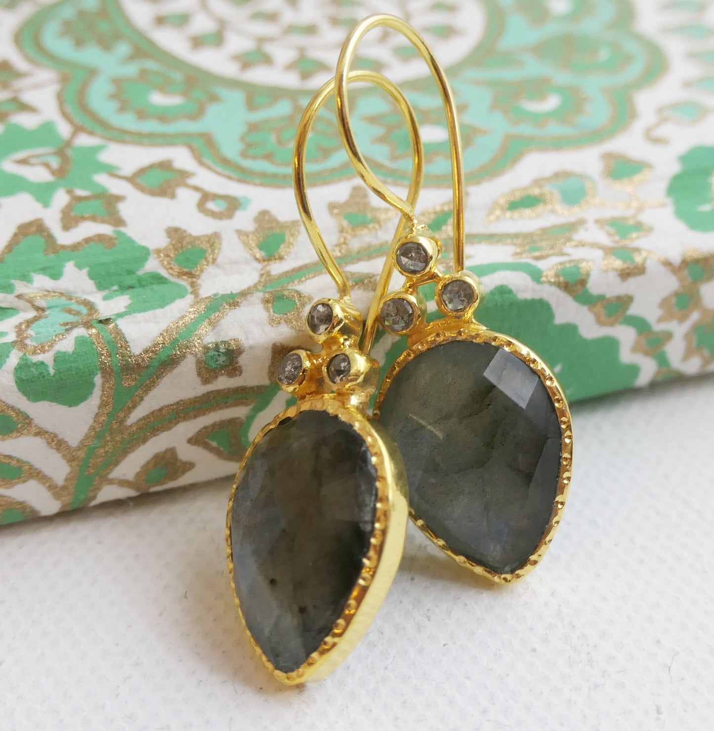 Pear Shape Labradorite and Diamond Vermeil Earrings