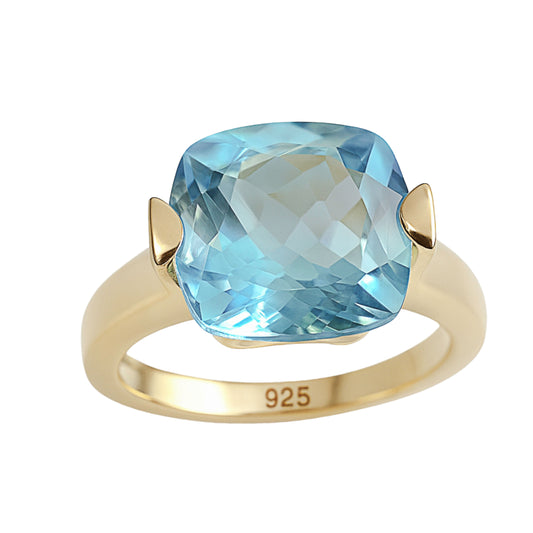 12mm Cushion Cut Blue Topaz Gold Plated Sterling Silver Ring