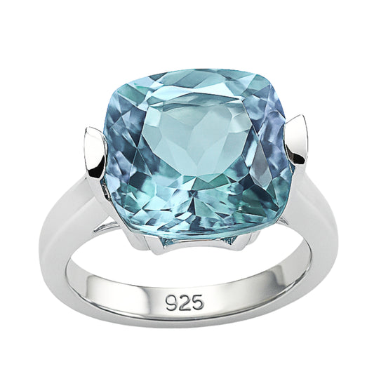 12mm Cushion Cut Blue Topaz Sterling Silver Ring