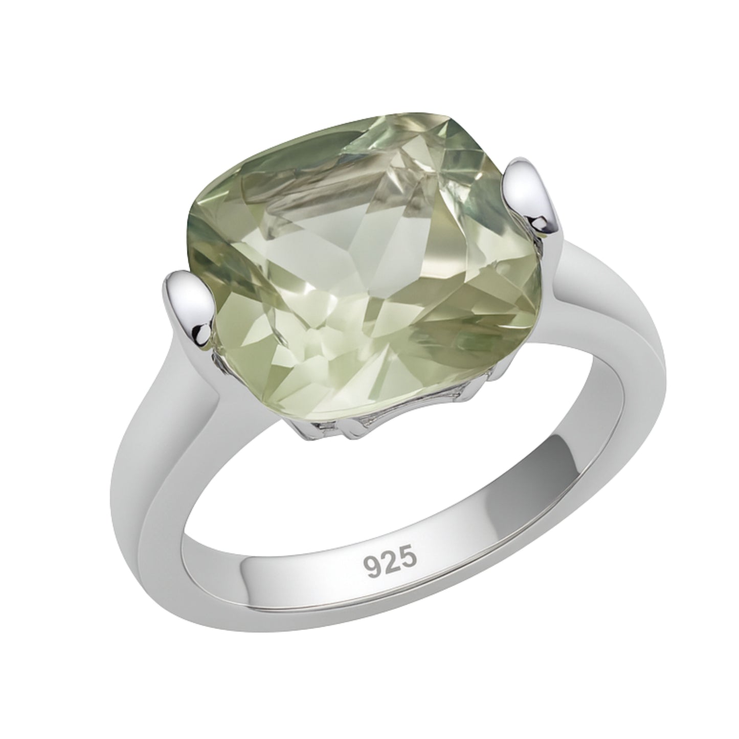 12mm Cushion Cut Green Amethyst Sterling Silver Ring