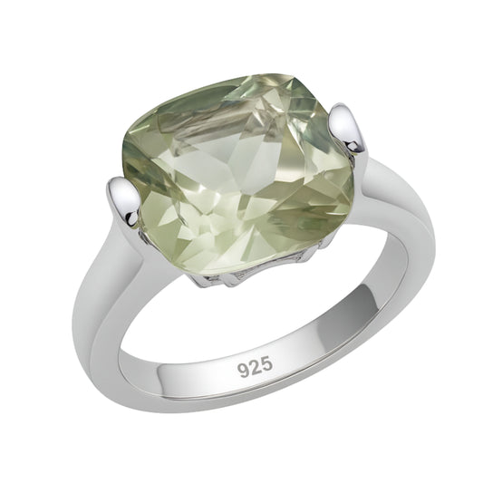 12mm Cushion Cut Green Amethyst Sterling Silver Ring