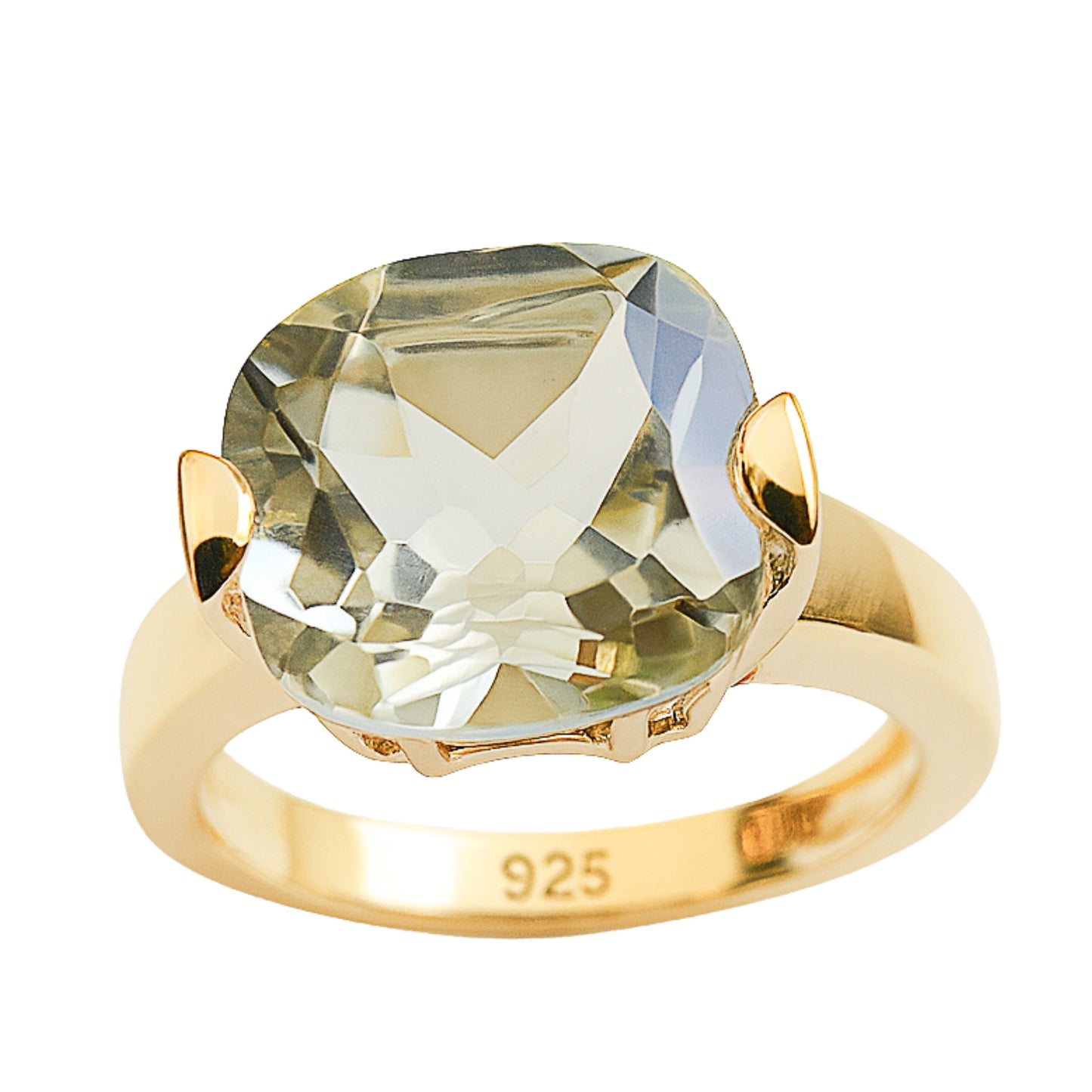 12mm Cushion Cut Green Amethyst Gold Plated Sterling Silver Ring