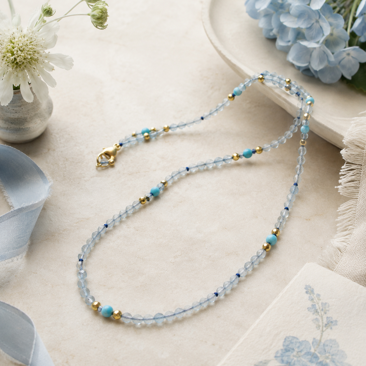 Aquamarine Natural Gemstone Beaded Necklace 42cm