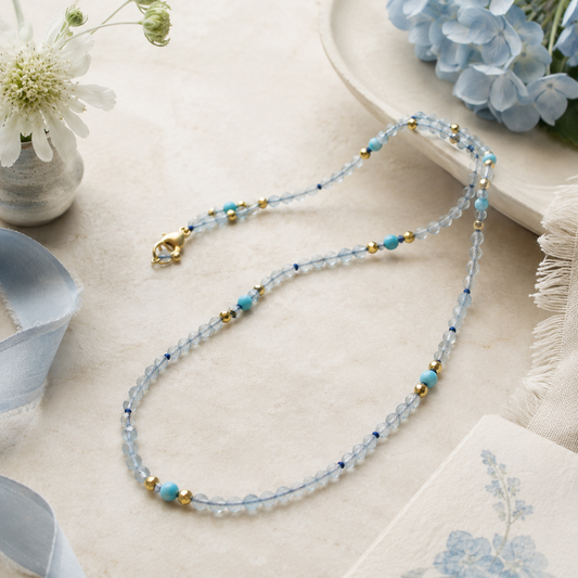 Aquamarine Natural Gemstone Beaded Necklace 42cm