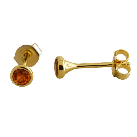 3mm Hessonite Garnet Gold Plated Sterling Silver Stud Earrings