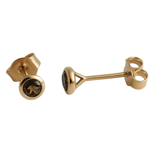 3mm Smoky Quartz Gold Plated Sterling Silver Stud Earrings
