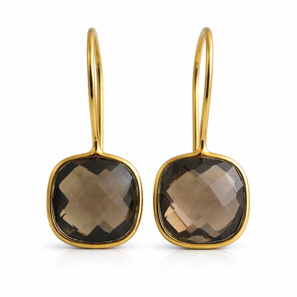 Smoky Quartz 10mm Cushion Vermeil Drop Earrings