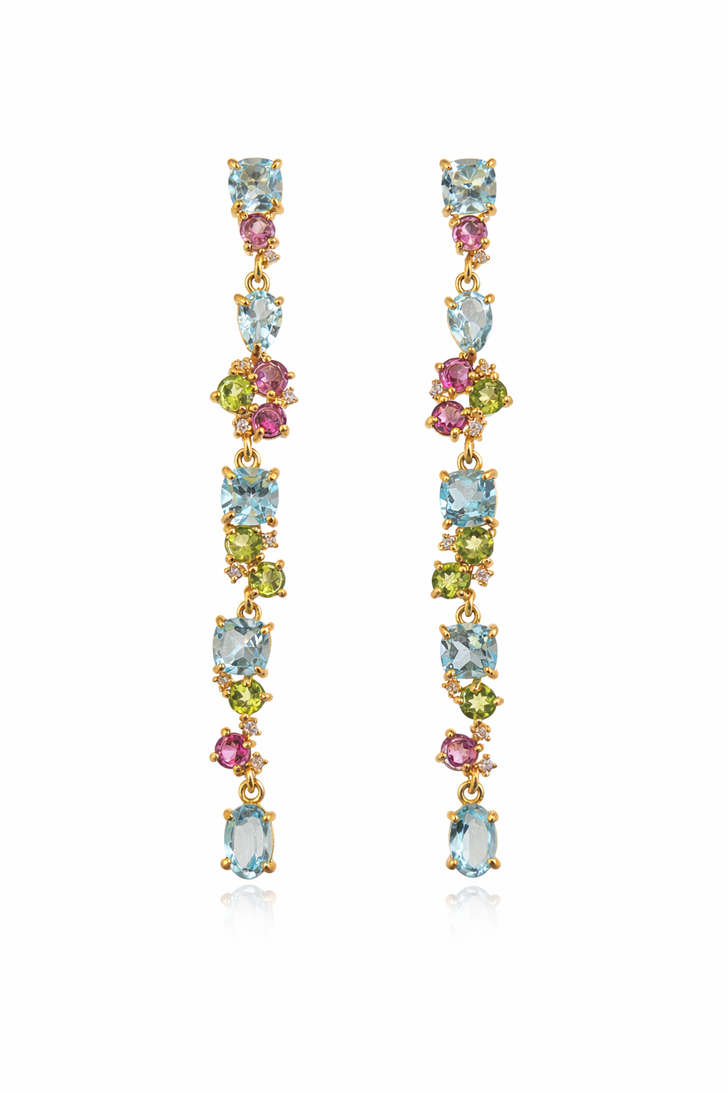 Blue Topaz, Tourmaline and Peridot Long Drop Earrings