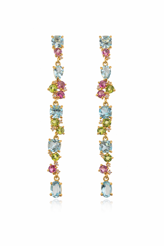 Blue Topaz, Tourmaline and Peridot Long Drop Earrings