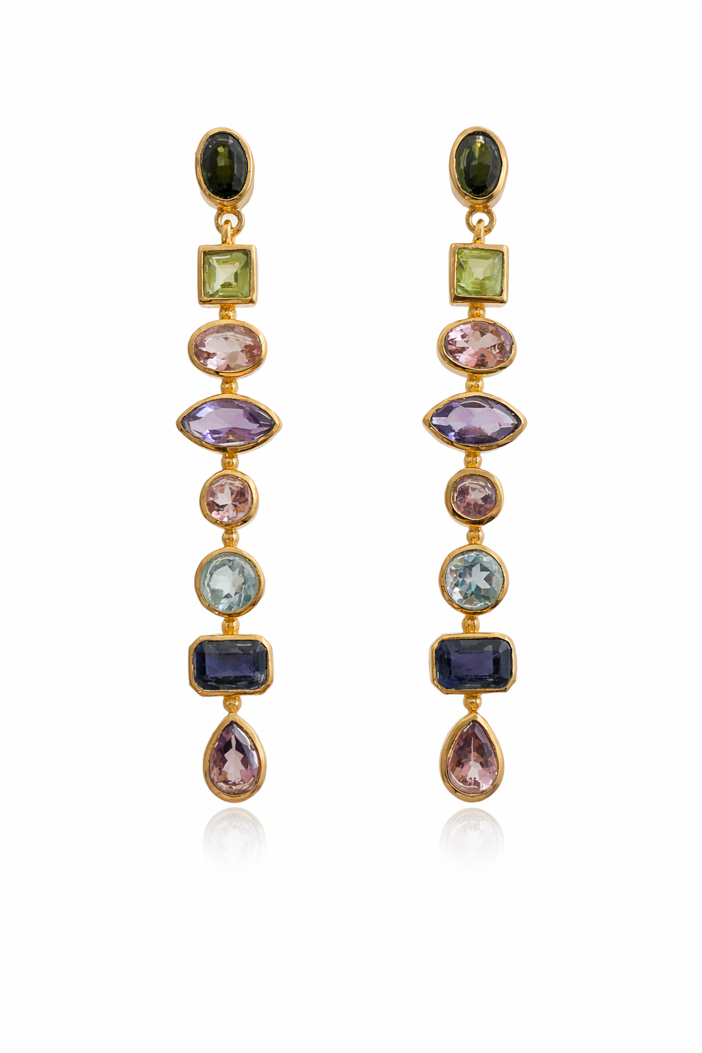 Tourmaline, Iolite, Peridot and Amethyst Long Drop Earrings