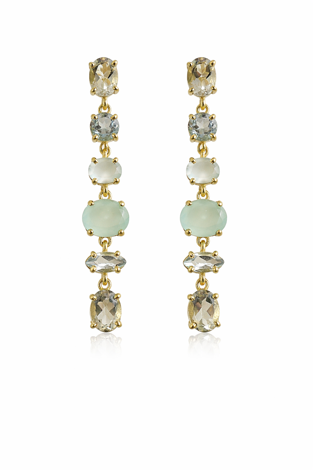 Blue Topaz, Green Amethyst and Aqua Chalcedony Long Drop Earrings