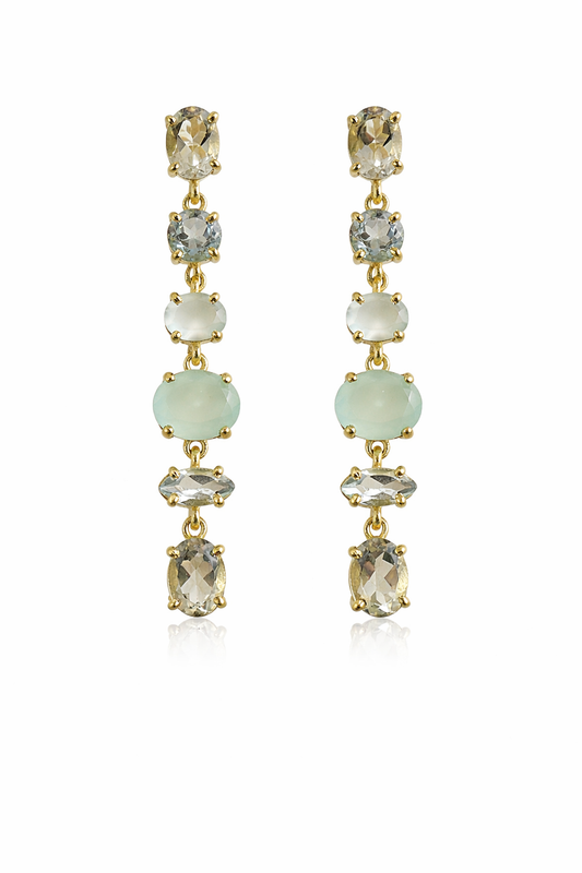 Blue Topaz, Green Amethyst and Aqua Chalcedony Long Drop Earrings