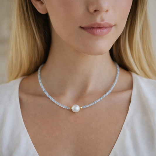 Aquamarine and Pearl Natural Gemstone Beaded Necklace 17 inches