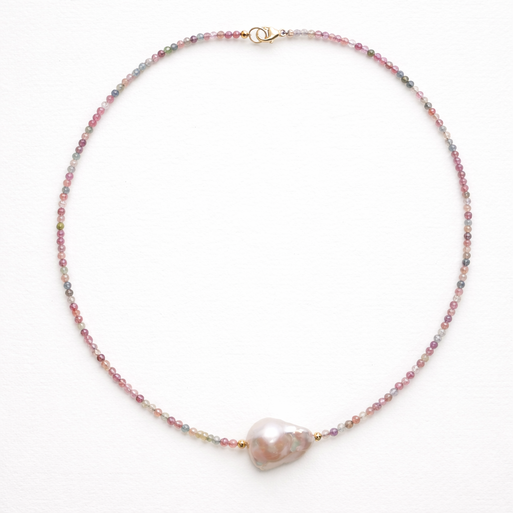Tourmaline and Baroque Pearl Natural Gemstone Beaded Necklace 17 inches