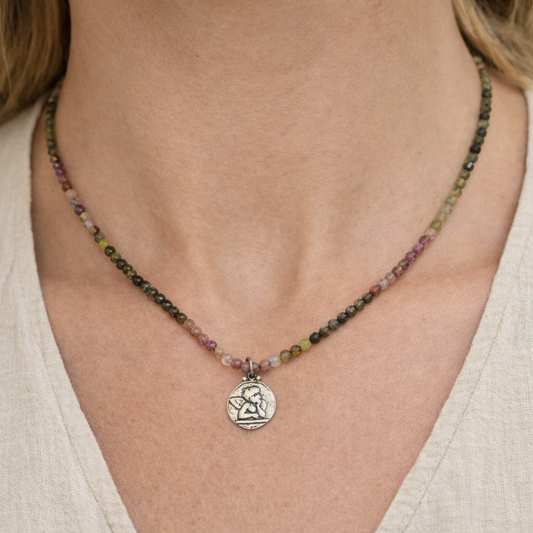Angel Pendant with Tourmaline Natural Gemstone Beaded Necklace 16 inches