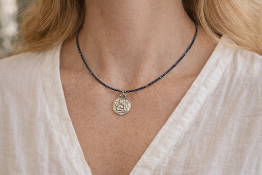 Angel Pendant with Coated Sapphire Natural Gemstone Beaded Necklace 17 inches