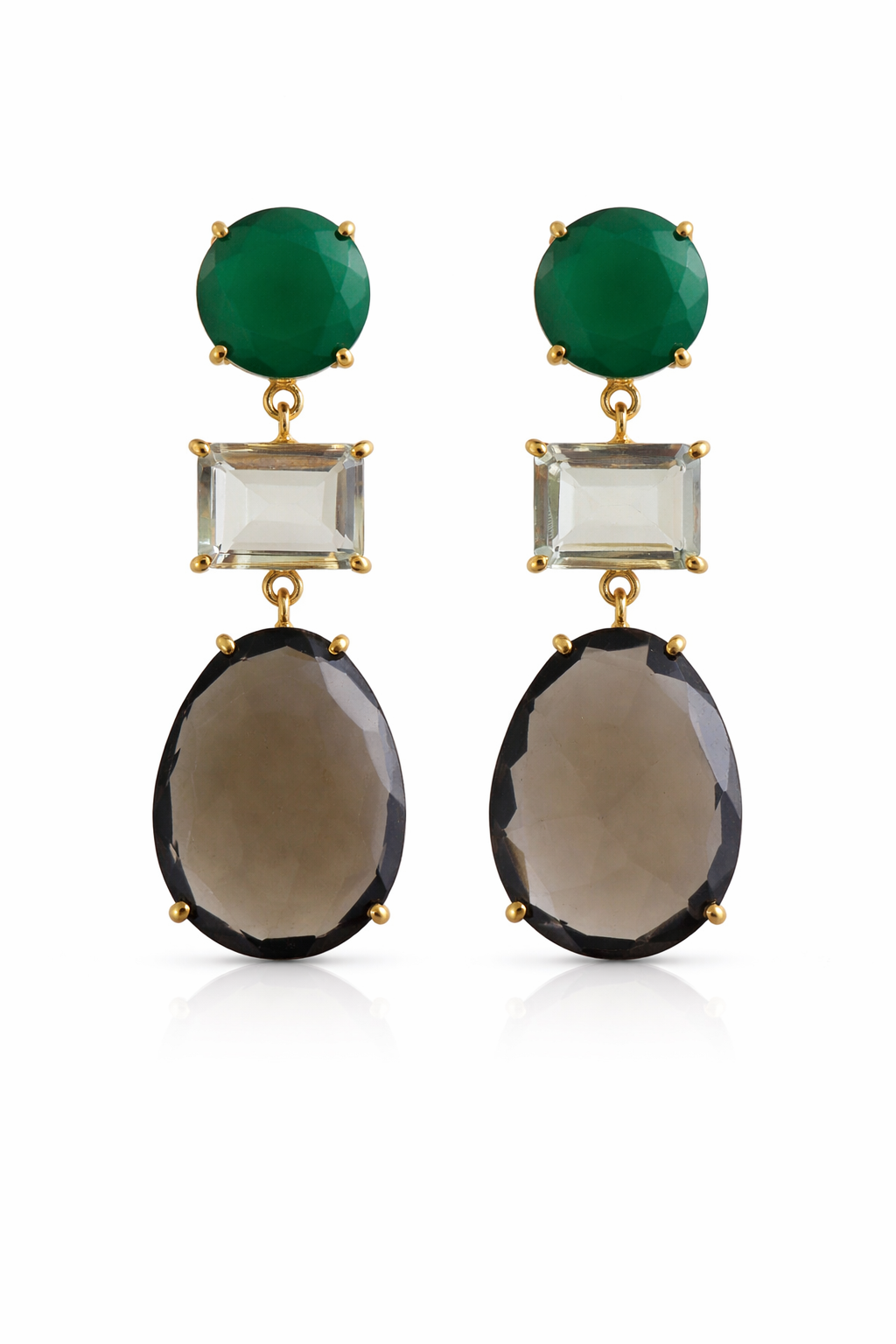 Green Chalcedony, Green Amethyst and Smoky Quartz Vermeil Drop Earrings