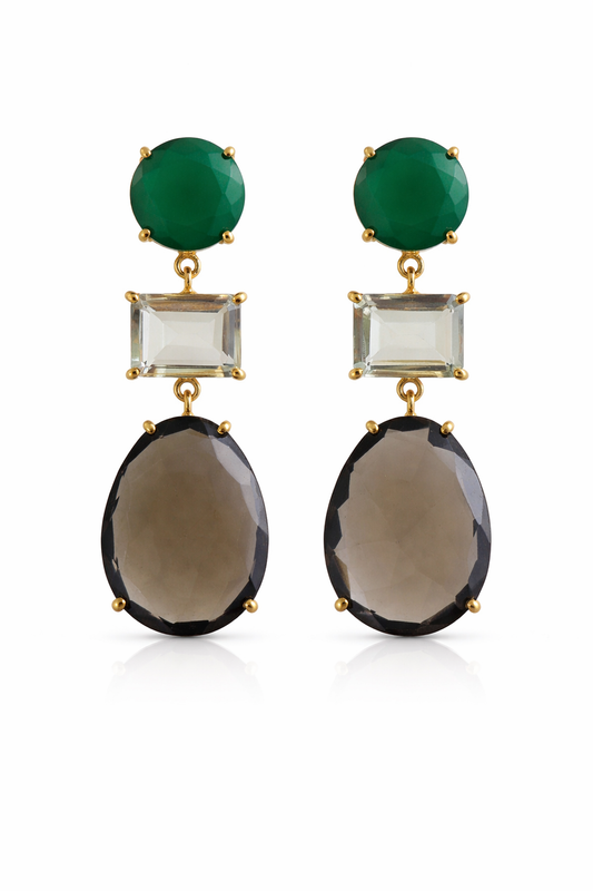 Green Chalcedony, Green Amethyst and Smoky Quartz Vermeil Drop Earrings