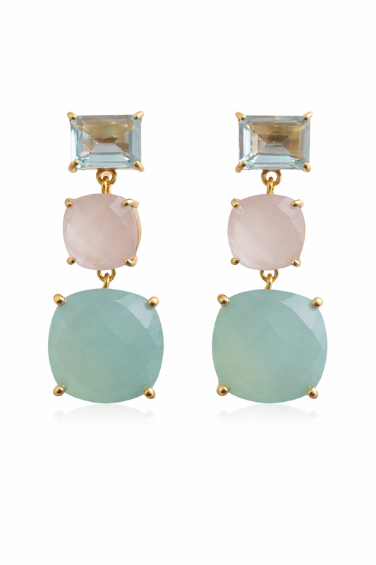 Blue Topaz, Rose Quartz and Aqua Chalcedony Vermeil Drop Earrings