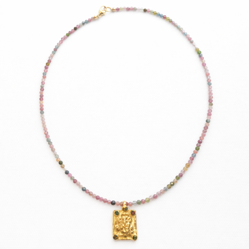 Tourmaline and Ganesh Pendant Natural Gemstone Beaded Necklace 17 inches