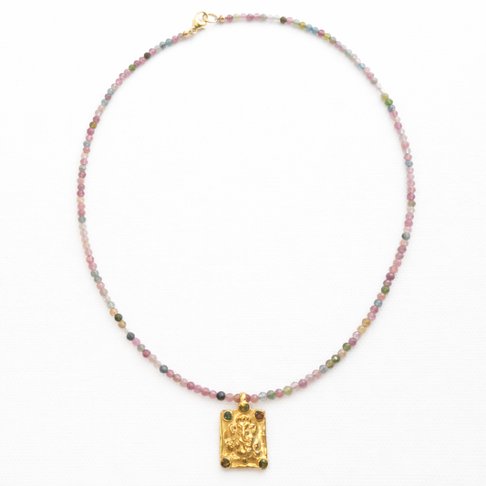 Tourmaline and Ganesh Pendant Natural Gemstone Beaded Necklace 17 inches