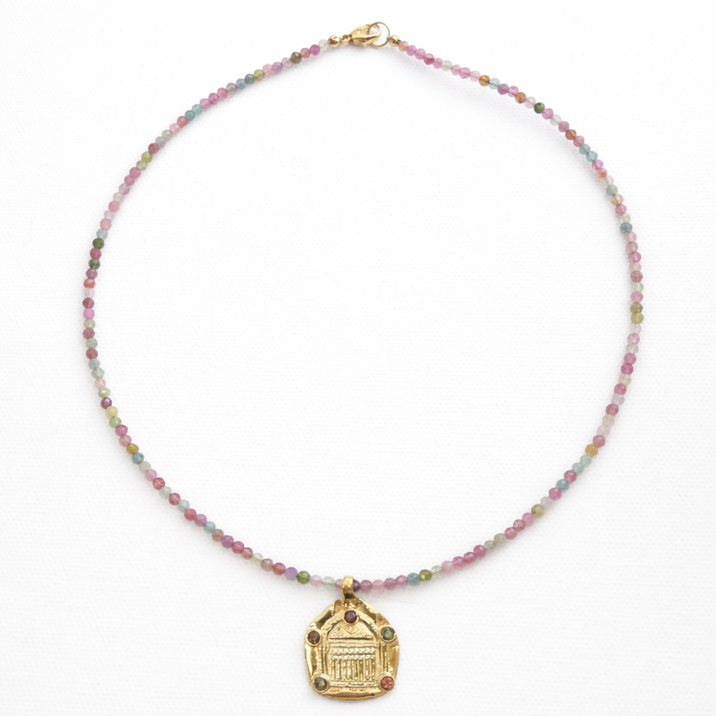 Tourmaline and Temple Pendant Natural Gemstone Beaded Necklace 17 inches
