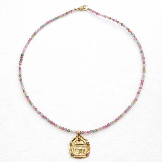 Tourmaline and Temple Pendant Natural Gemstone Beaded Necklace 17 inches