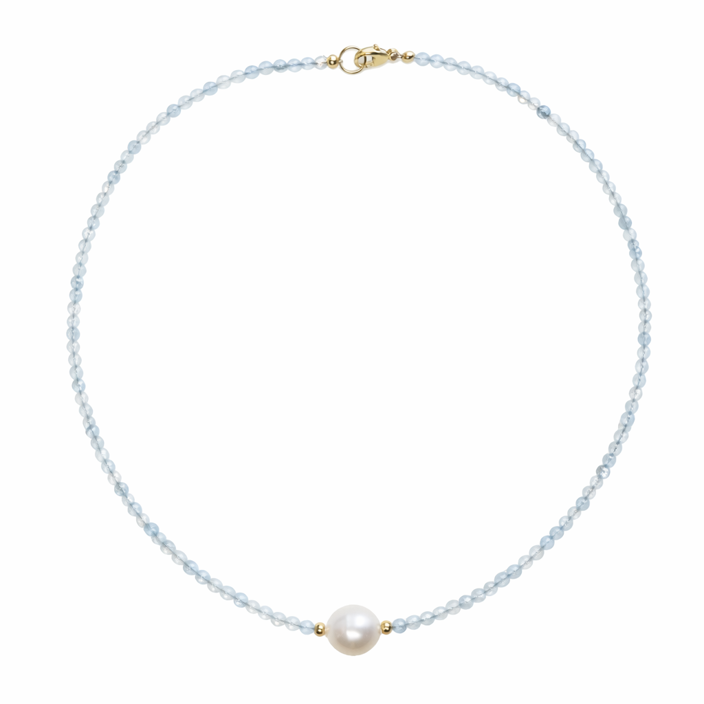 Aquamarine and Pearl Natural Gemstone Beaded Necklace 17 inches