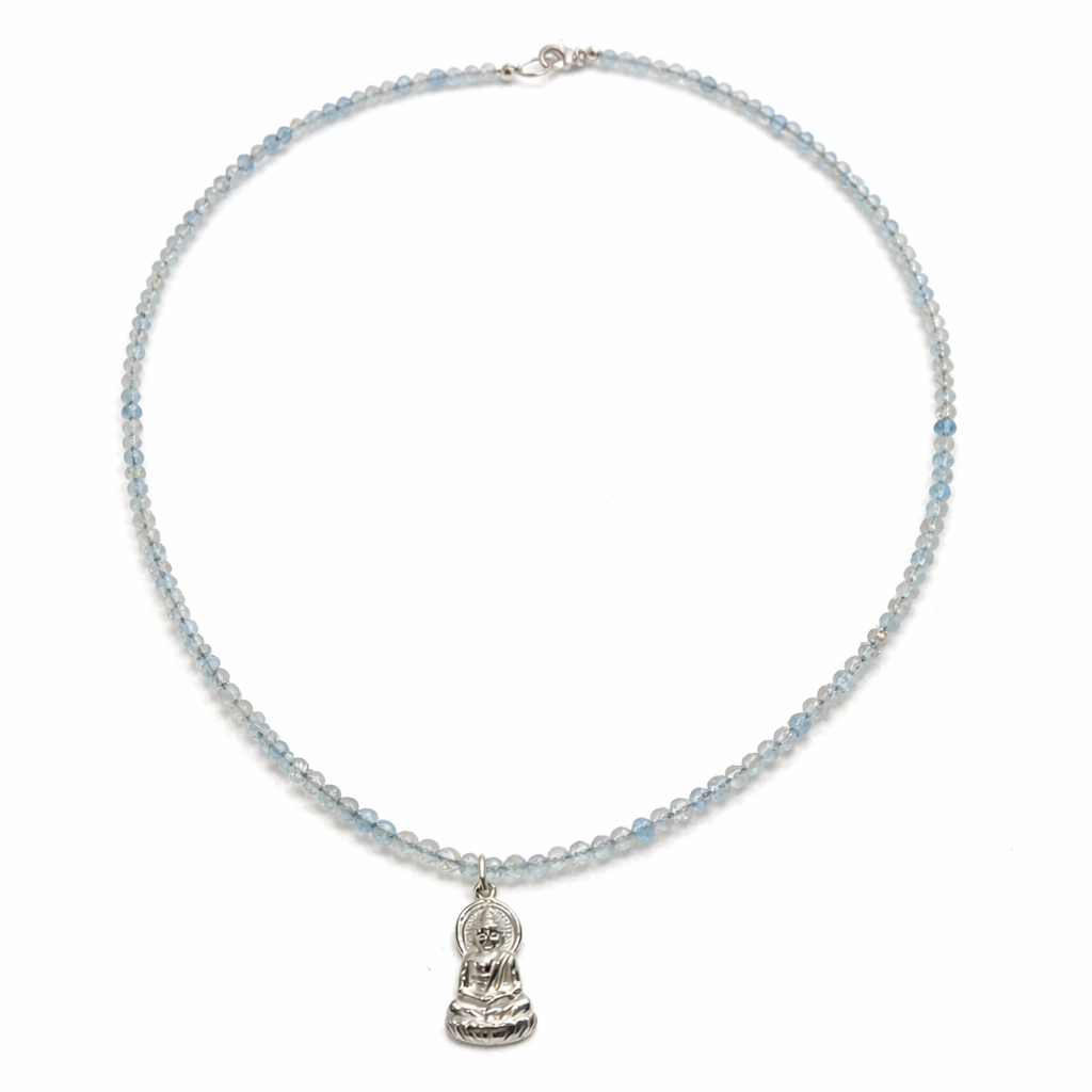 Aquamarine and Buddha Pendant Natural Gemstone Beaded Necklace 17 inches