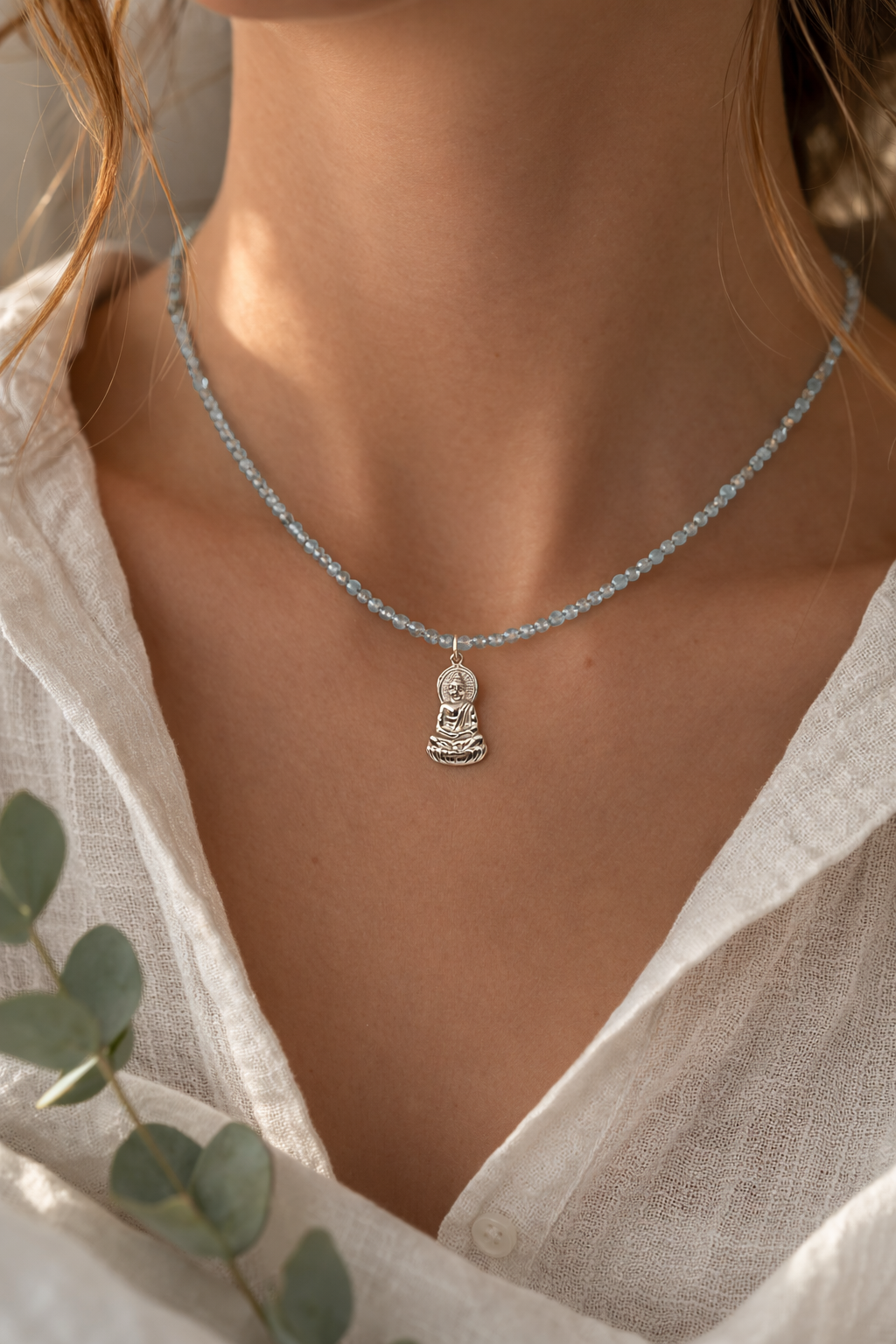 Aquamarine and Buddha Pendant Natural Gemstone Beaded Necklace 17 inches