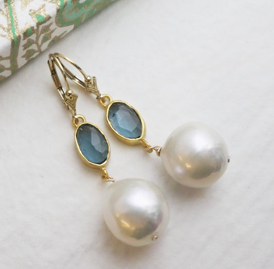 London Blue Topaz  and Cultured Pearl  Gold Fill Drop Earrings