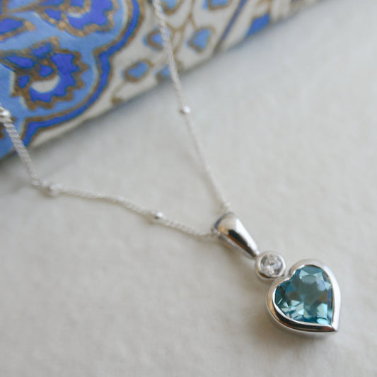 Blue Topaz and Zircon Heart Sterling Silver Necklace