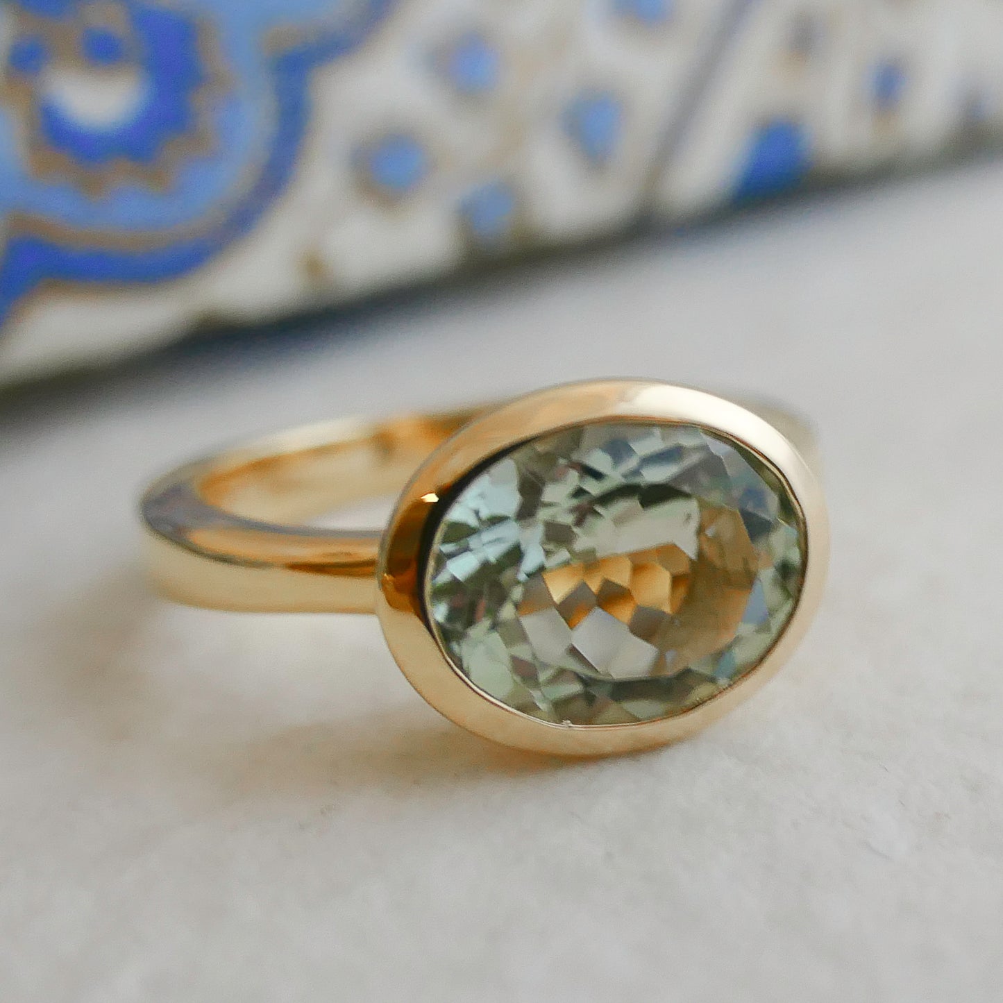 8x10mm Oval Green Amethyst Gold Plated Sterling Silver Ring