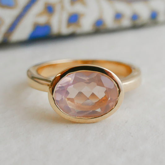 8x10mm Oval Rose Quartz Gold Plated Sterling Silver Ring