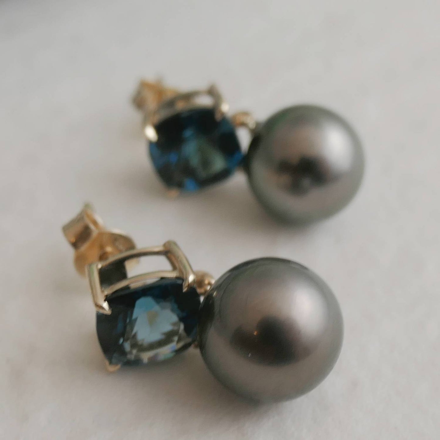 London Blue Topaz and Tahitian Pearl 14kt Yellow Gold Drop Earrings