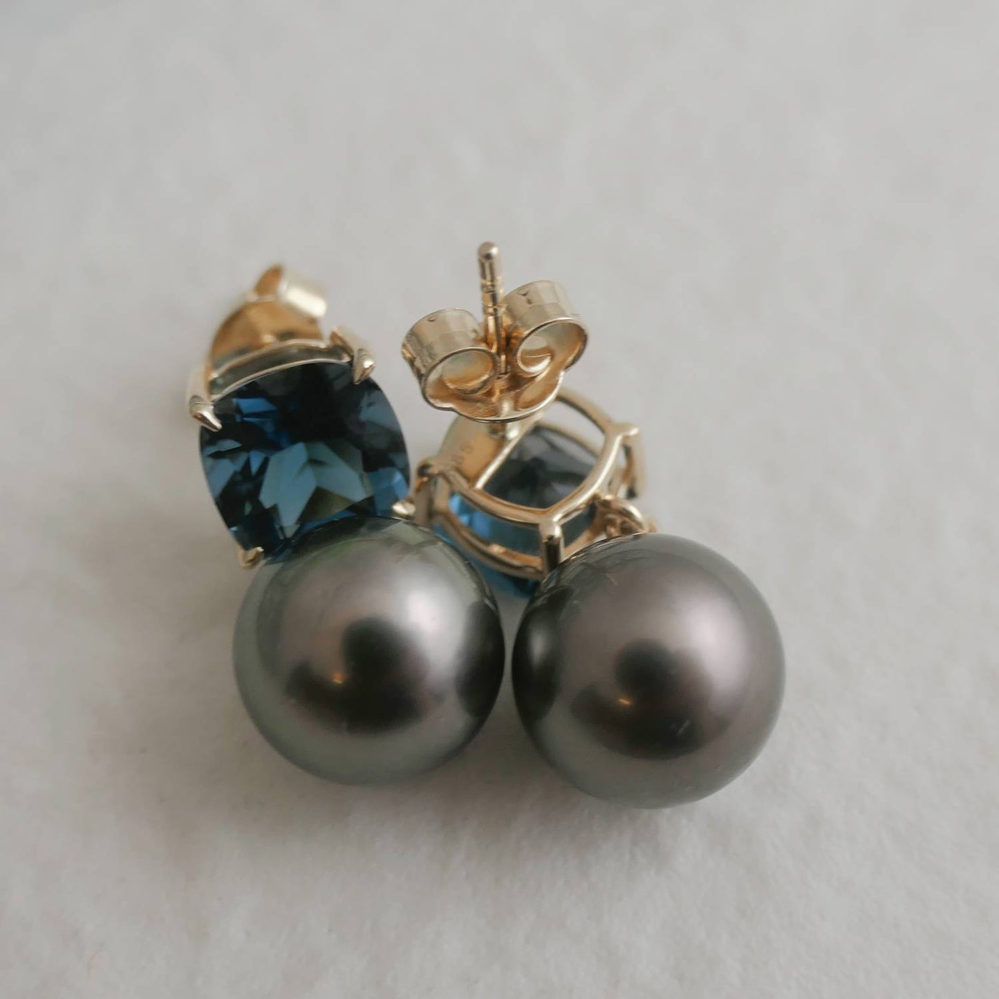 London Blue Topaz and Tahitian Pearl 14kt Yellow Gold Drop Earrings