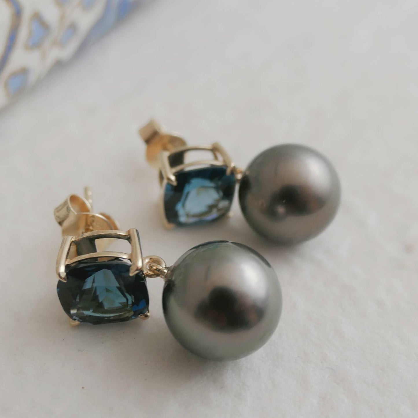 London Blue Topaz and Tahitian Pearl 14kt Yellow Gold Drop Earrings