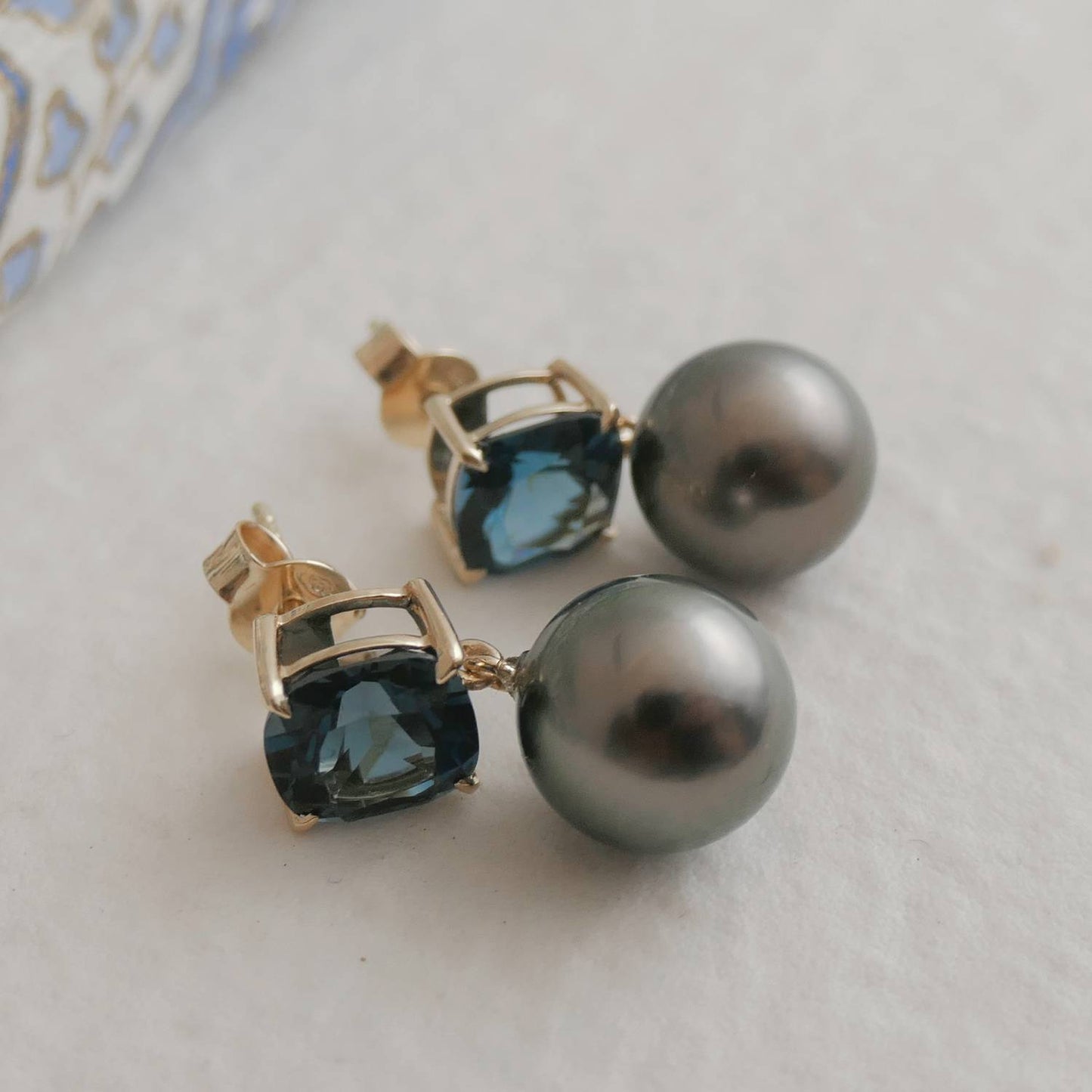 London Blue Topaz and Tahitian Pearl 14kt Yellow Gold Drop Earrings