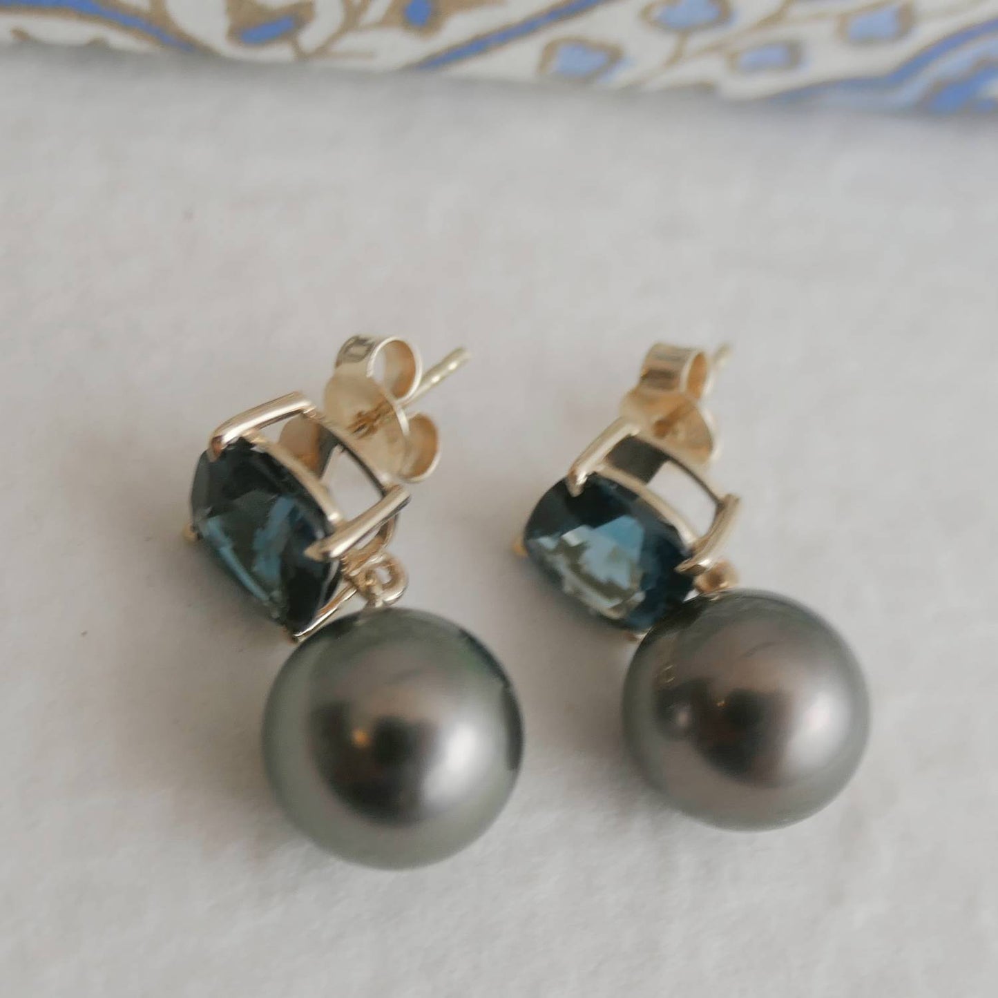 London Blue Topaz and Tahitian Pearl 14kt Yellow Gold Drop Earrings