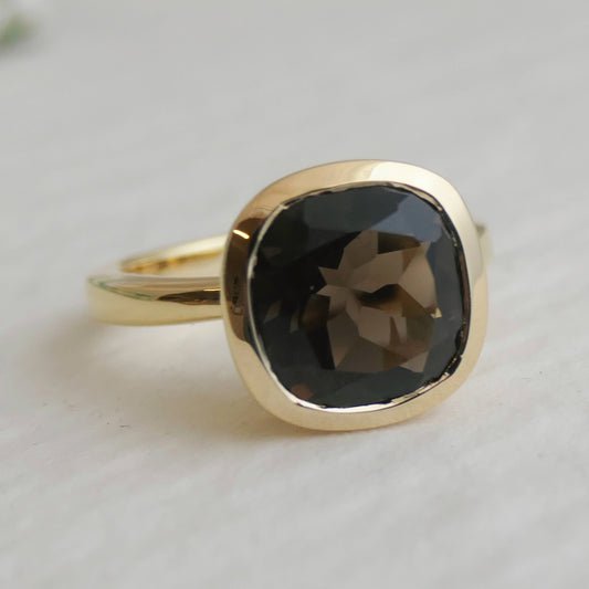 10mm Cushion Cut Smoky Quartz Gold Plated Sterling Silver Ring