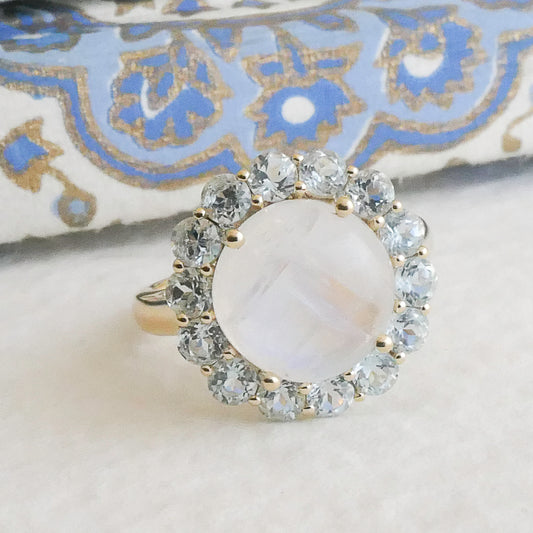 Moonstone and Blue Topaz 14kt Yellow Gold Cocktail Ring - Size 7