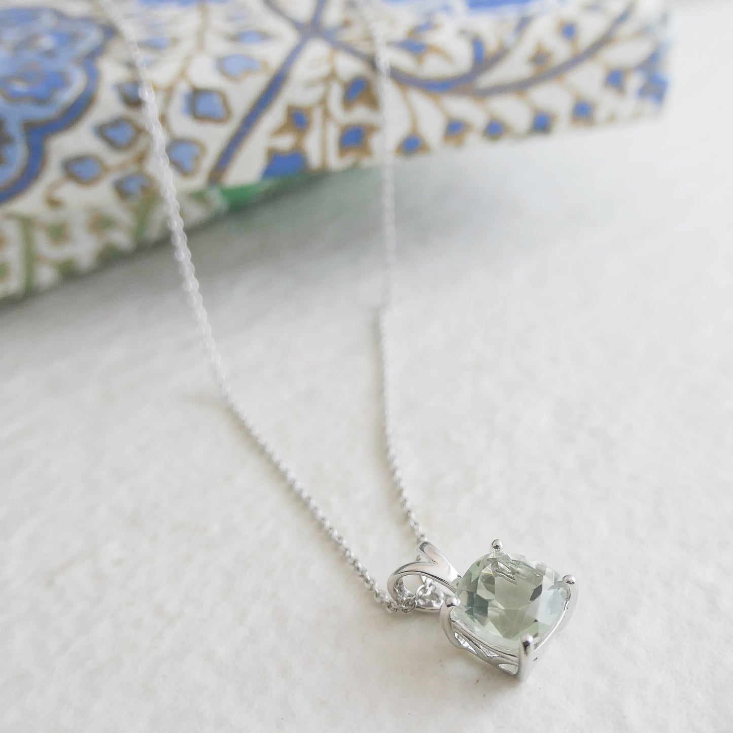Elegant Green Amethyst Necklace – Cushion Cut,  Sterling Silver